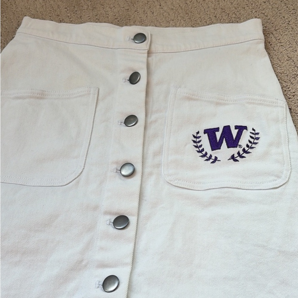 White UW Jean Skirt with Purple Embroidery